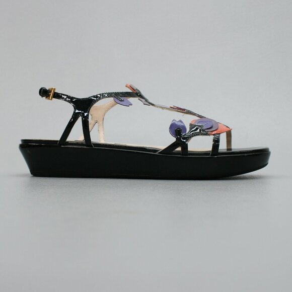 Prada 37.5 Ladies 7.5 Tulip Purple Patent Leather Slingback Wedge Shoes Sandals - Picture 4 of 12